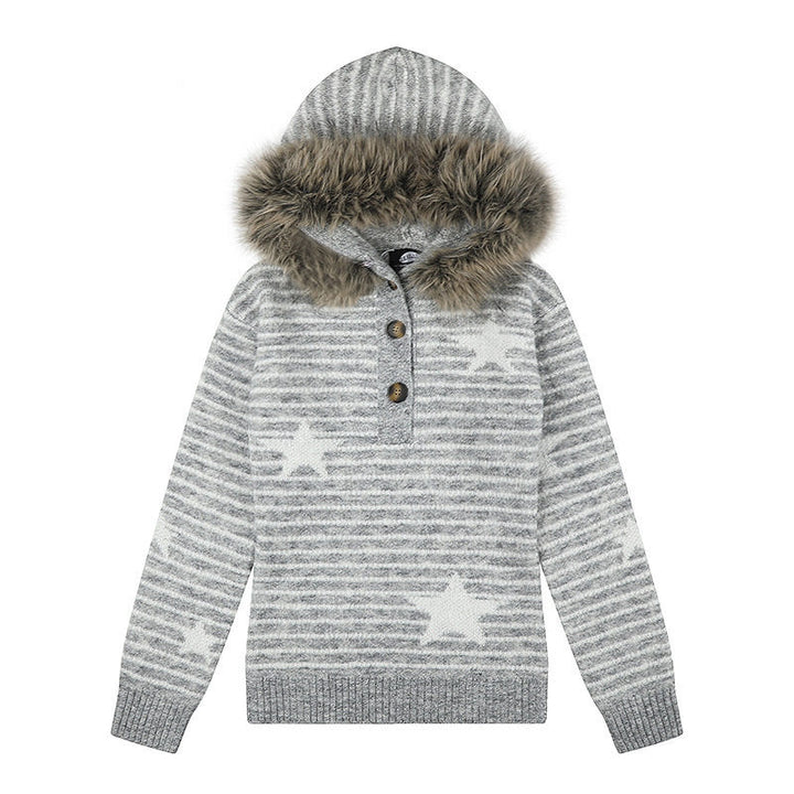 Damen Kapuzenpullover aus Feinstrick mit Kunstfellbesatz, Stern‑Streifenmuster und Knopfleiste Drune
