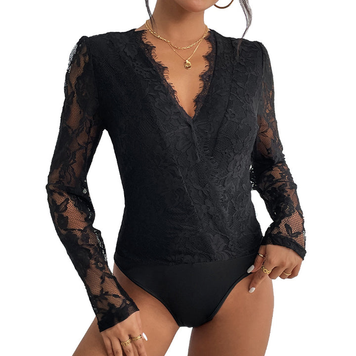 Damen Body mit romantischer Spitze und tiefem V-Ausschnitt Drune