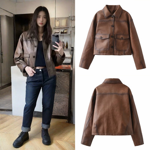 Damen Kurze Oversize-Lederimitatjacke mit Hemdkragen und aufgesetzten Pattentaschen Drune