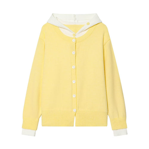 Damen Feinstrick-Cardigan mit integrierter Kontrast-Kapuze und durchgehender Knopfleiste Drune