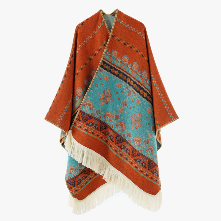 Damen Gewebter Ethno-Poncho mit Fransen und Jacquardmuster Drune