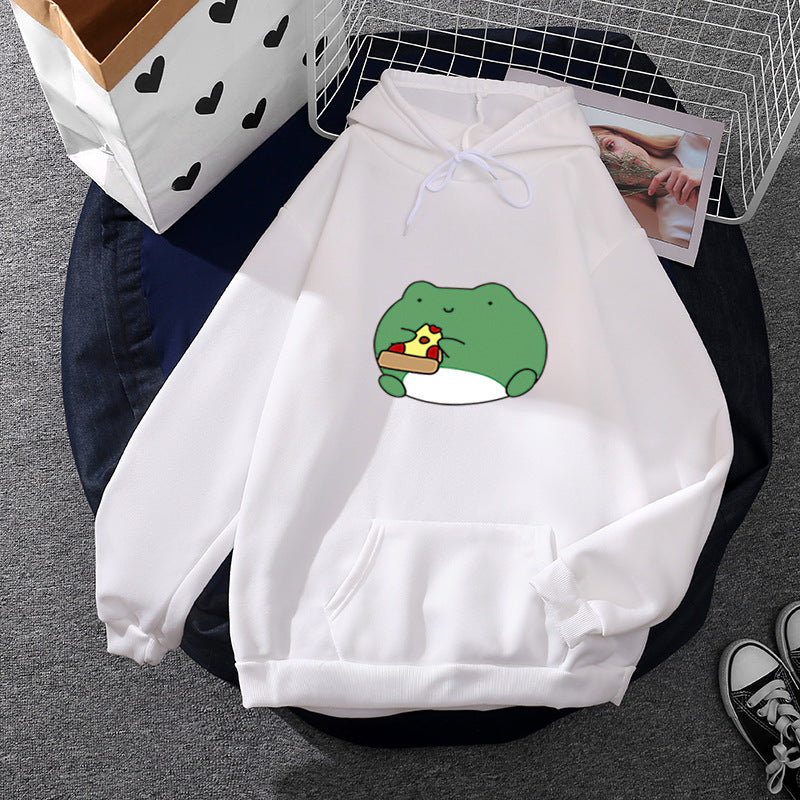 Damen nan gemütlicher Kapuzenpullover mit kawaii Frosch‑Pizza‑Motiv und oversized Relax‑Fit Drune