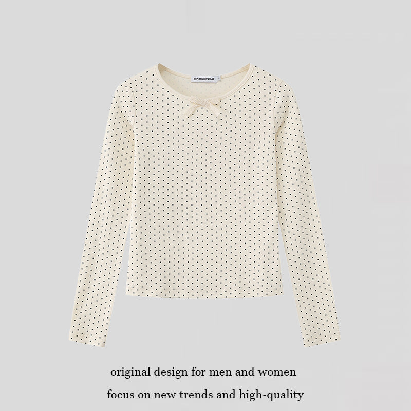 Damen Langarmshirt aus weichem Baumwolljersey mit Pünktchenmuster und Zierknoten Drune