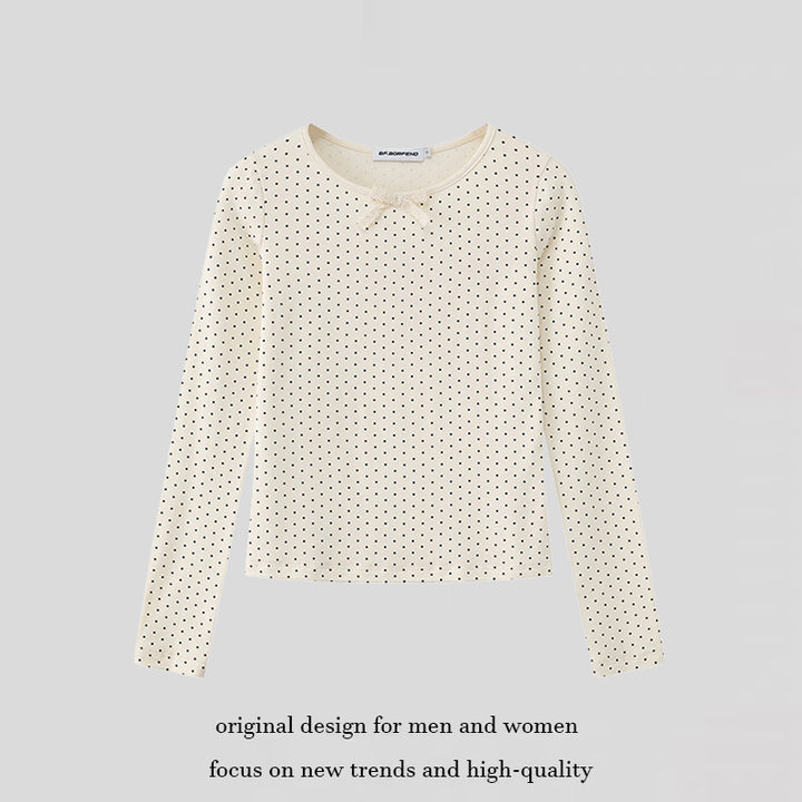 Damen Langarmshirt aus weichem Baumwolljersey mit Pünktchenmuster und Zierknoten Drune