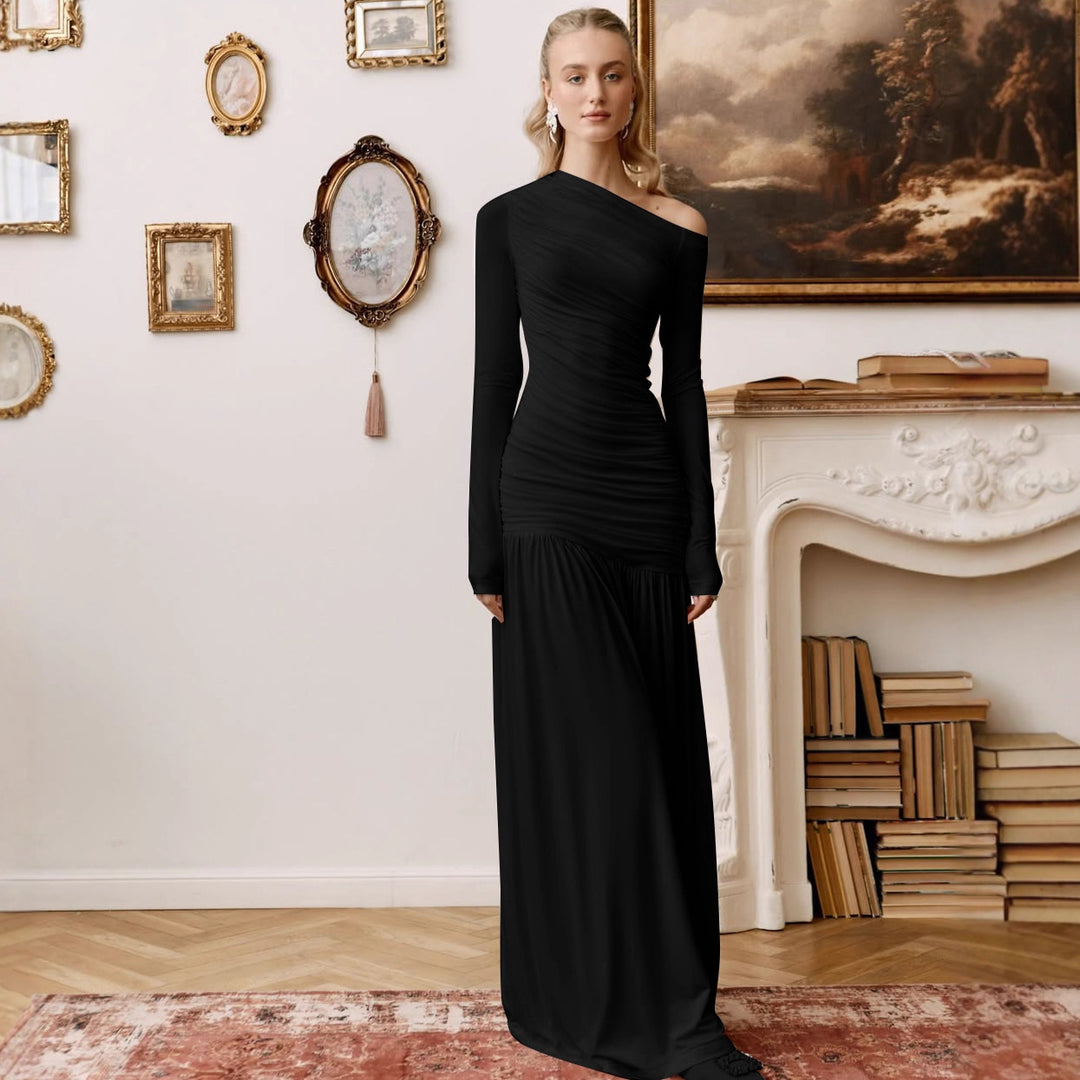 Damen Elegantes Maxikleid mit asymmetrischem Schnitt und Raffung Drune