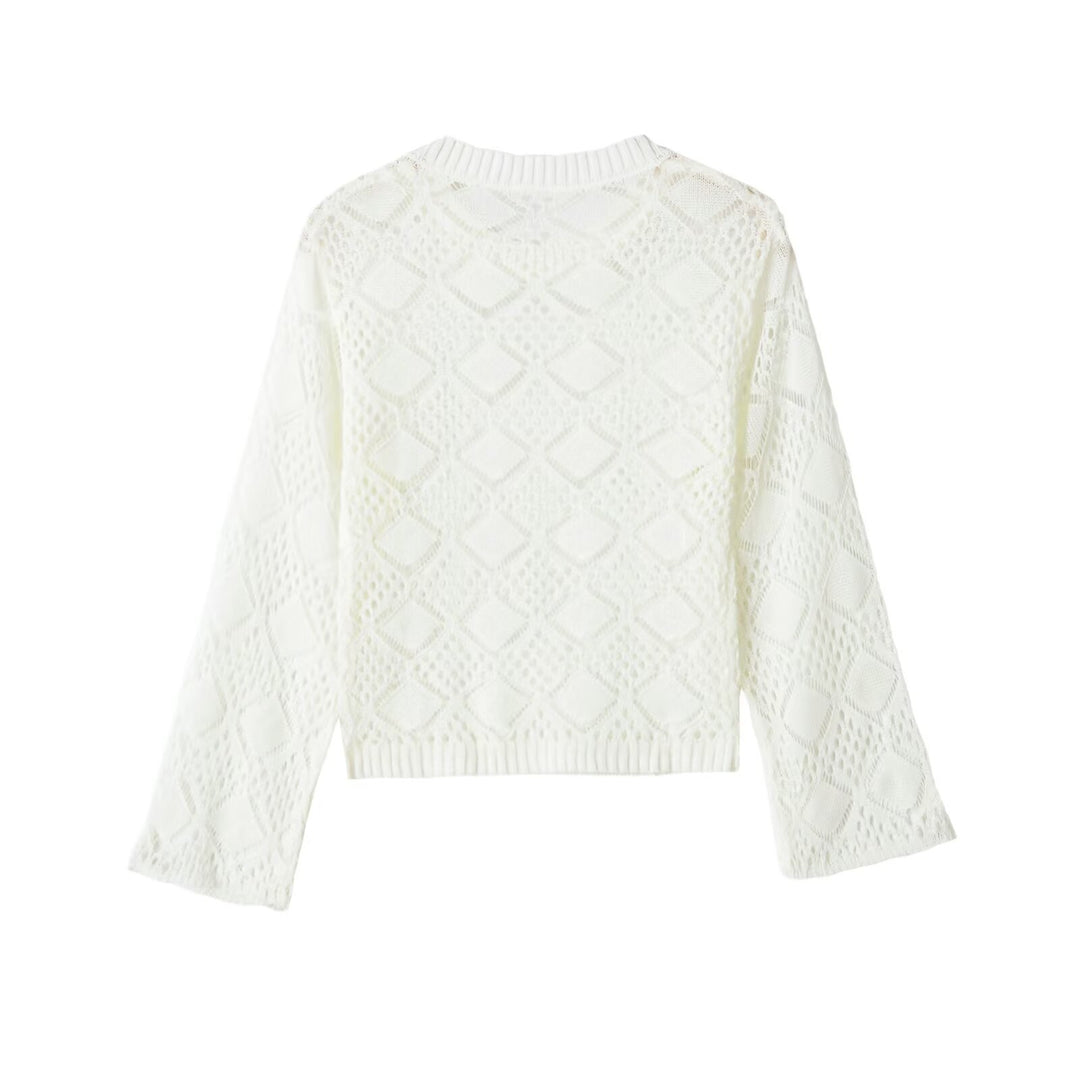 Damen Ajourgestrickter Cropped-Pullover mit Rundhals und Rautenmuster Drune