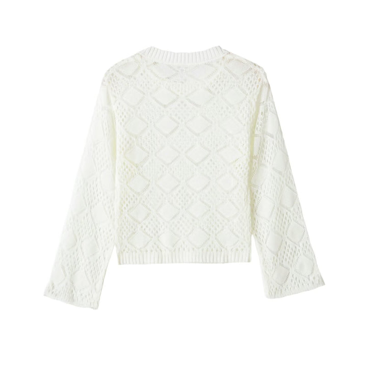 Damen Ajourgestrickter Cropped-Pullover mit Rundhals und Rautenmuster Drune