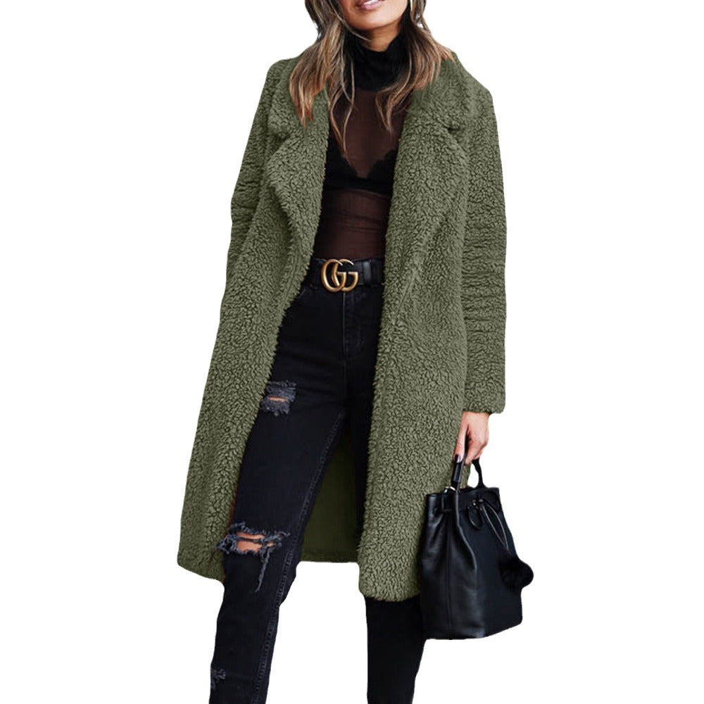 Damen kuscheliger Teddy-Mantel mit elegantem Revers und praktischen Taschen Drune