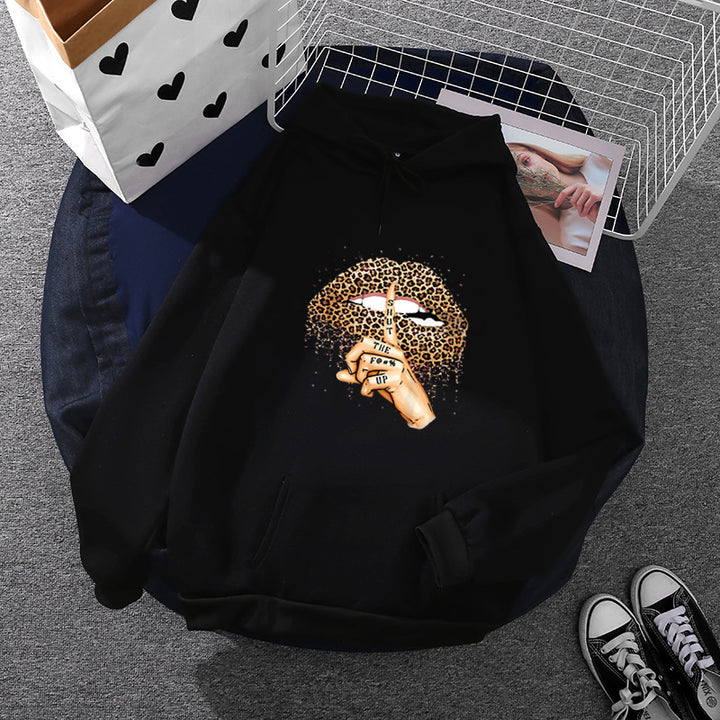 Damen nan oversized Fleece-Hoodie mit Leoparden-Lippen-Motiv, Kängurutasche und gerippten Bündchen Drune