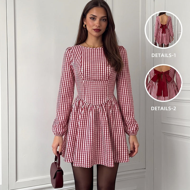 Damen V-Ausschnitt Mini Kleid mit Puffärmeln Drune