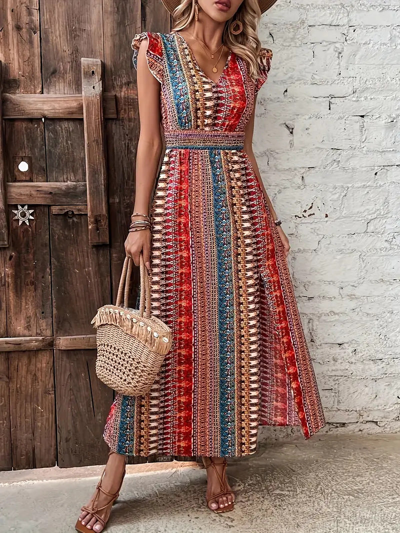 Damen Maxikleid mit buntem geometrischem Design Drune