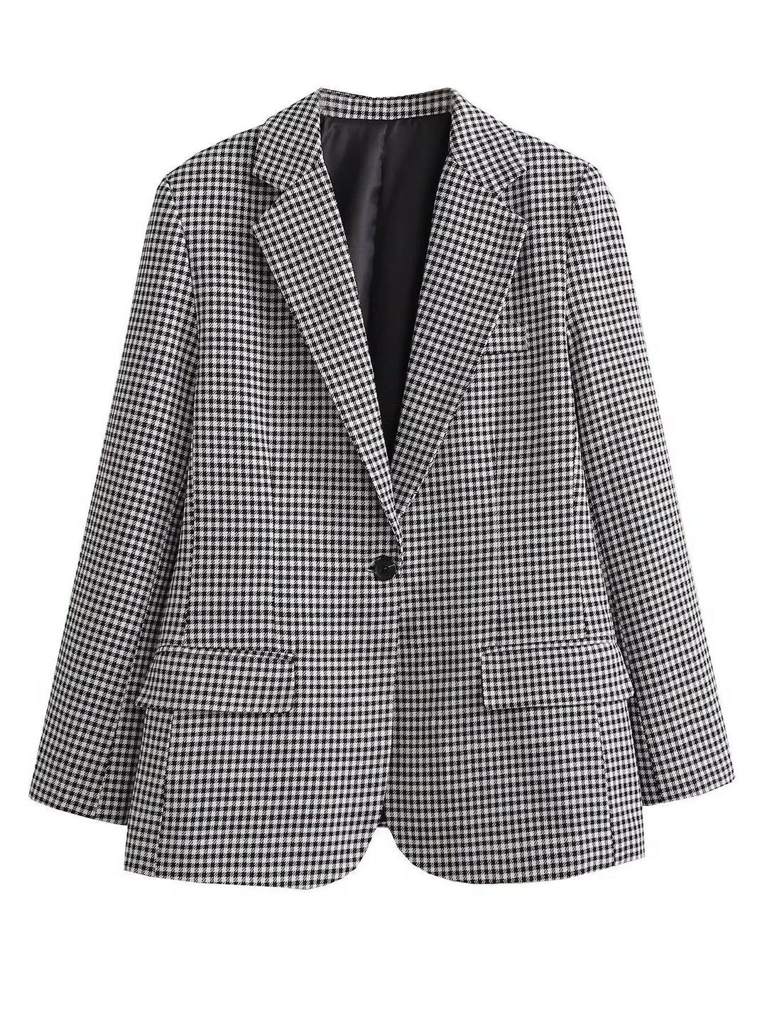 Damen nan taillierter Hahnentritt-Blazer mit Reverskragen, Eingrifftaschen und Ein-Knopf-Verschluss Drune