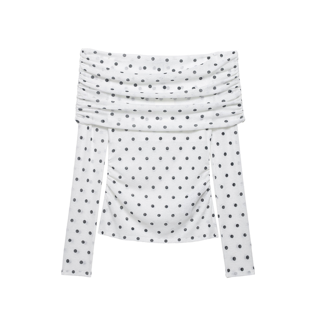 Damen Schulterfreies Langarmshirt mit drapiertem Umschlagkragen und Polka‑Dot-Muster Drune