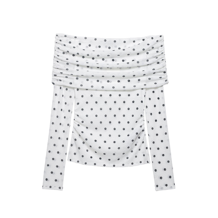 Damen Schulterfreies Langarmshirt mit drapiertem Umschlagkragen und Polka‑Dot-Muster Drune