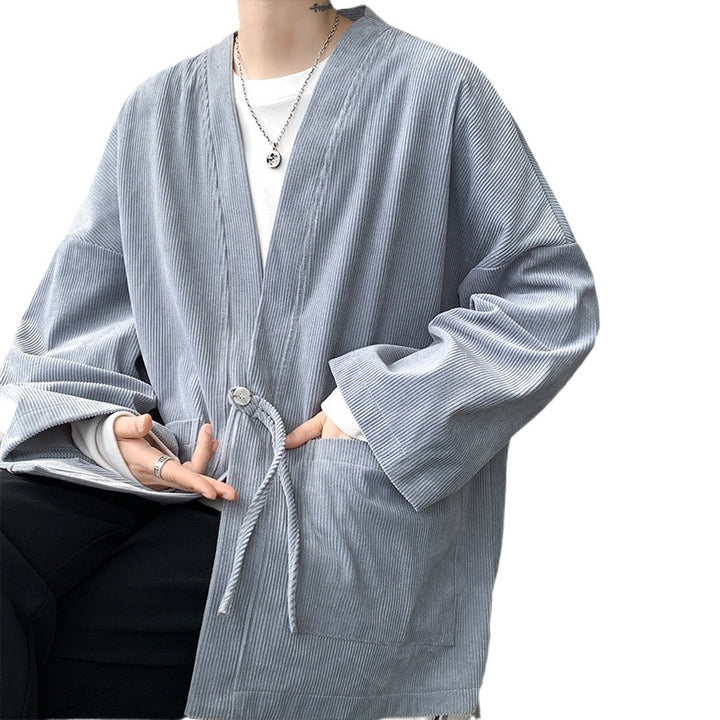 Herren nan oversized Cord-Kimono-Cardigan mit Kordelzug, aufgesetzten Taschen und Tropfenärmeln Drune