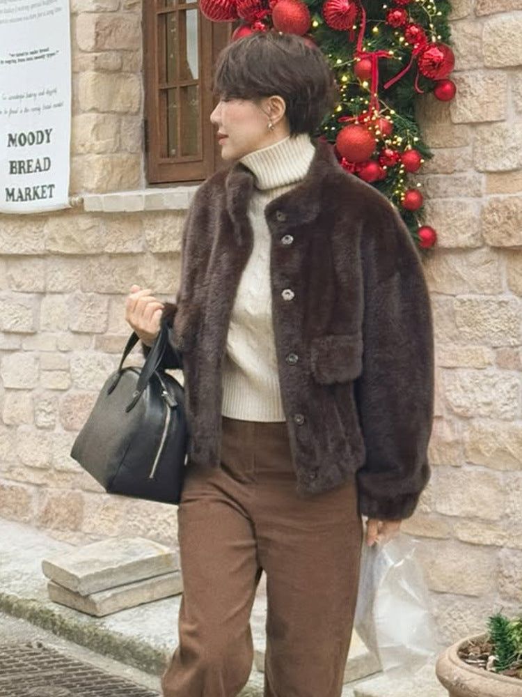 Damen Kurzjacke im Teddy‑Fauxfur mit Boxy‑Silhouette und aufgesetzter Tasche Drune