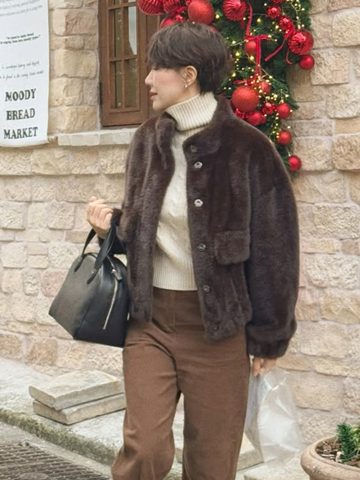Damen Kurzjacke im Teddy‑Fauxfur mit Boxy‑Silhouette und aufgesetzter Tasche Drune