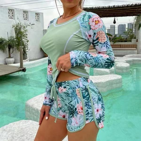 Damen Sportliches Langarm-Badeoberteil mit floralem Design und Shorts Drune