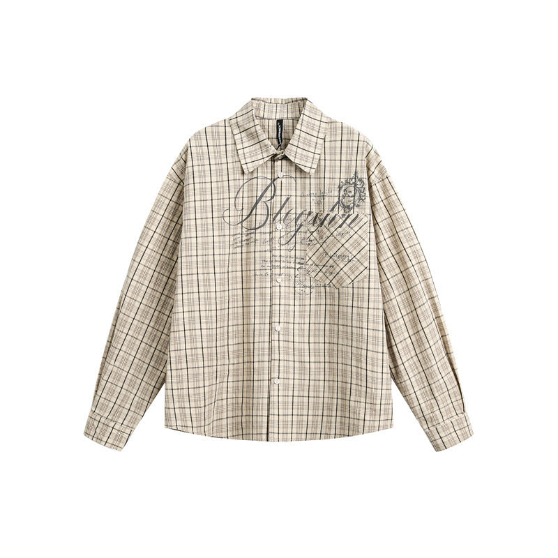 Damen Karierte Oversize-Hemdbluse mit Brusttasche und dekorativem Schriftprint Drune