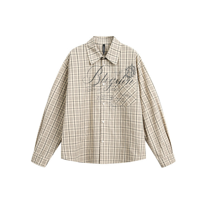 Damen Karierte Oversize-Hemdbluse mit Brusttasche und dekorativem Schriftprint Drune