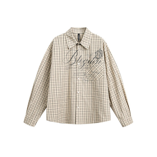 Damen Karierte Oversize-Hemdbluse mit Brusttasche und dekorativem Schriftprint Drune