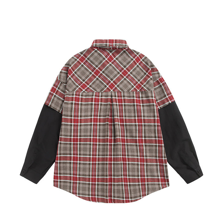 Unisex Oversized-Hemdjacke im Layering-Look mit kontrastierenden Ärmeln und Brustpattentaschen Drune