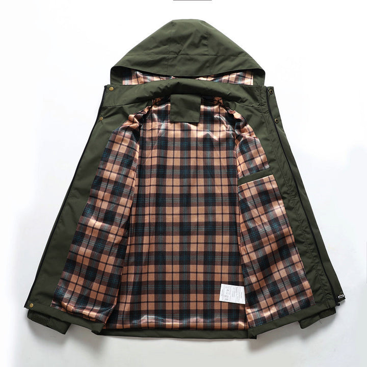 Herren Multitaschen-Softshell-Parka mit Kapuze und kariertem Innenfutter Drune