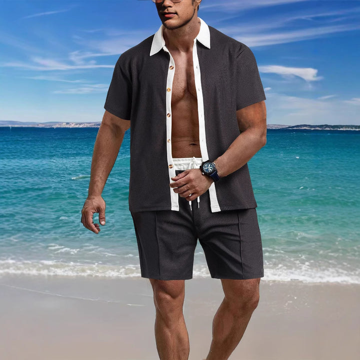 Herren nan modernes Freizeit-Set aus feinem Strukturjersey mit Hemdkragen-Knopfleiste und Kordel-Shorts Drune