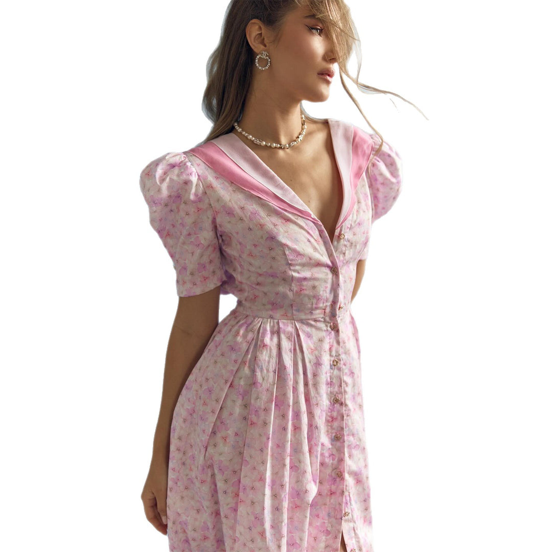 Damen Blütenmuster Kleid mit Puffärmeln und tiefem V-Ausschnitt Drune