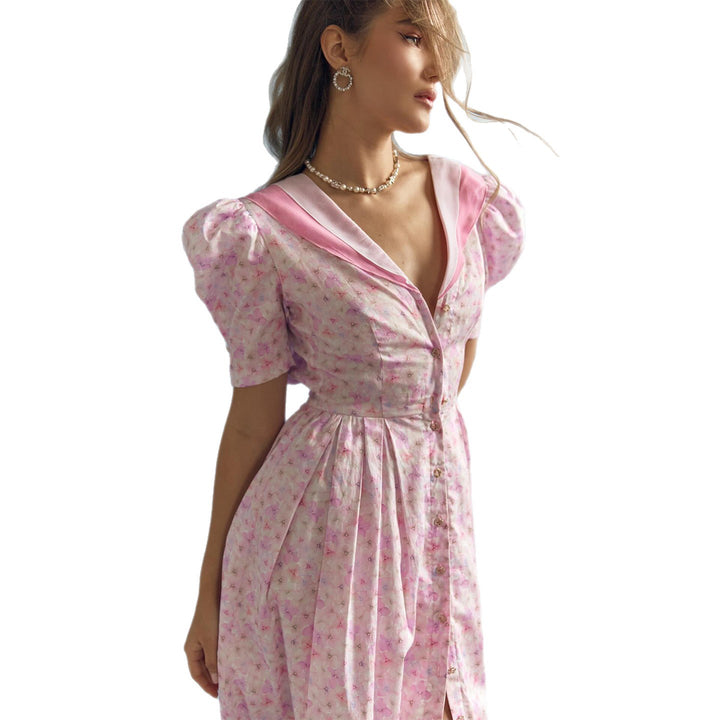 Damen Blütenmuster Kleid mit Puffärmeln und tiefem V-Ausschnitt Drune