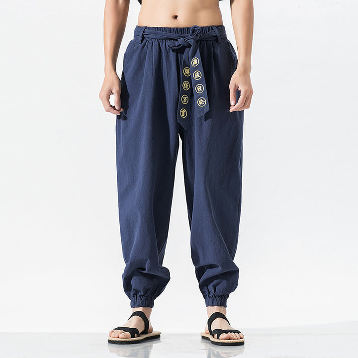Damen nan weite Leinenhose mit Tunnelzug Bund Bindedetail und elastischen Knöchelabschlüssen Drune
