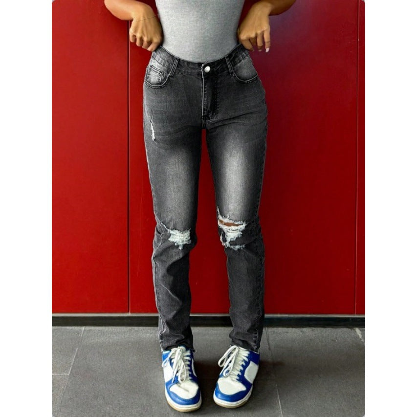 Damen Taillenbetonte Stretch-Skinny-Jeans mit distressed Knien und Five-Pocket-Design Drune