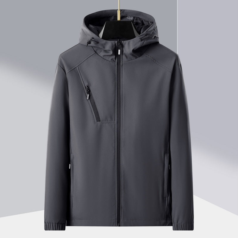 Herren leichte Softshell-Outdoorjacke mit ergonomischer Kapuze und diagonalem Brustreißverschluss Drune