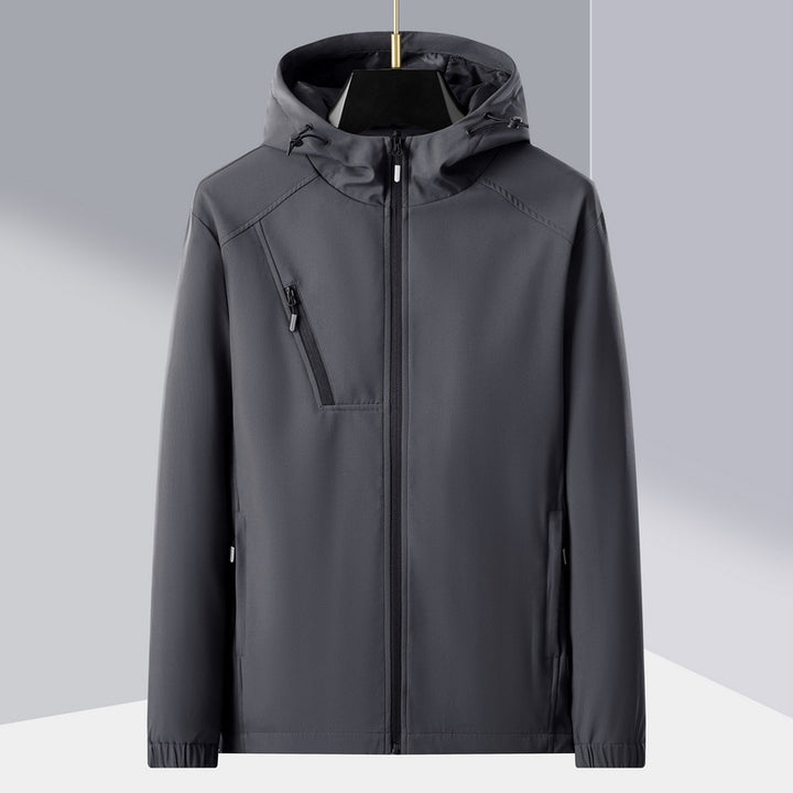 Herren leichte Softshell-Outdoorjacke mit ergonomischer Kapuze und diagonalem Brustreißverschluss Drune