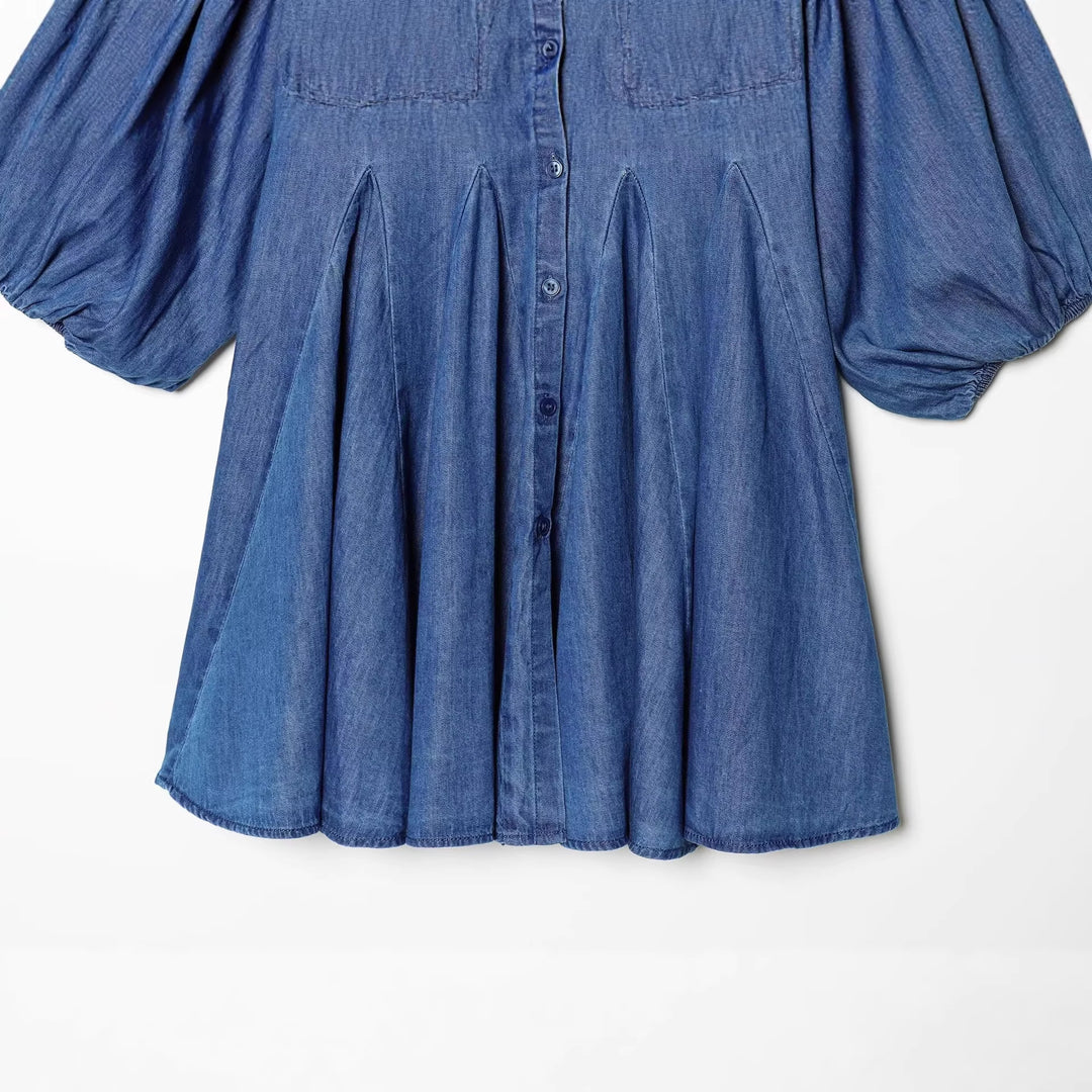 Damen Knielanges Hemdblusenkleid aus Denim mit Ballonärmeln und Faltenrock Drune