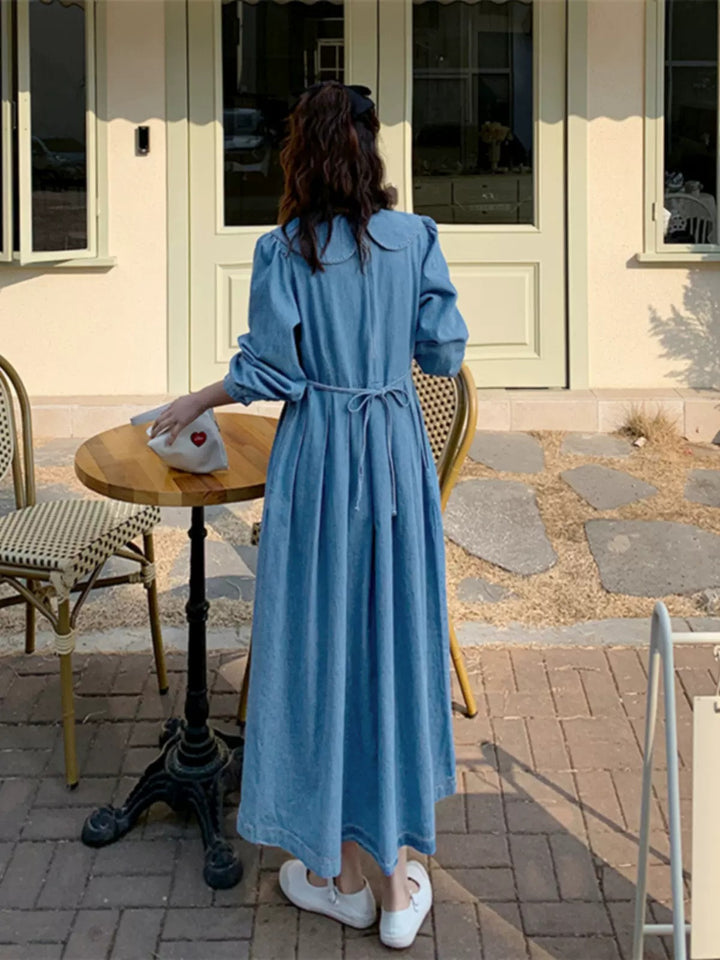 Damen Langes Chambray-Midaxi-Hemdkleid mit geraffter Taillenpasse und weitem Rockfalten Drune