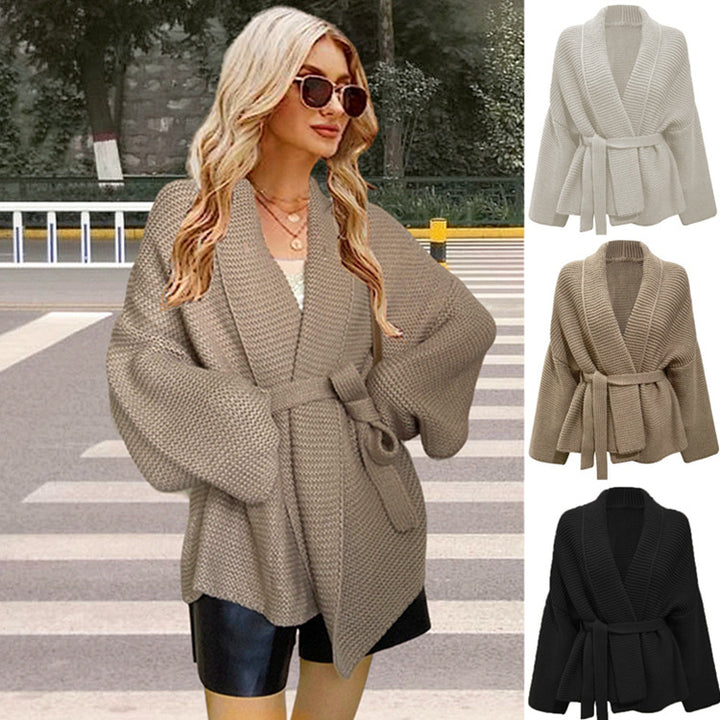 Damen Grobstrick Cardigan mit Gürtel und lockerem Schnitt Drune