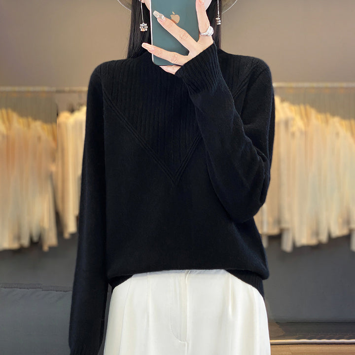 Damen Lockerer Mohair‑Blend Pullover mit strukturierter V‑Paneel und Stehkragen Drune