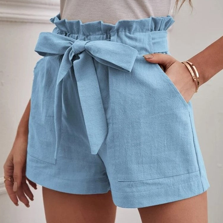 Damen elegante Shorts mit Bindegürtel und breitem Bund Drune