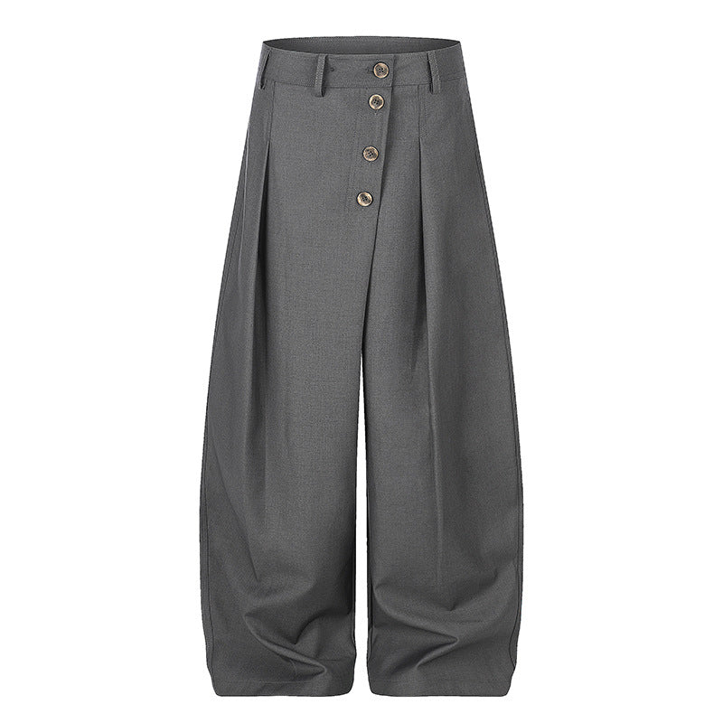 Damen Weite Palazzo-Hose mit hoher Taille, Bundfalten und asymmetrischer Knopfleiste Drune