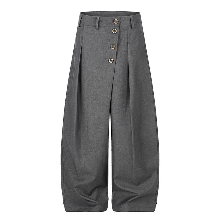 Damen Weite Palazzo-Hose mit hoher Taille, Bundfalten und asymmetrischer Knopfleiste Drune