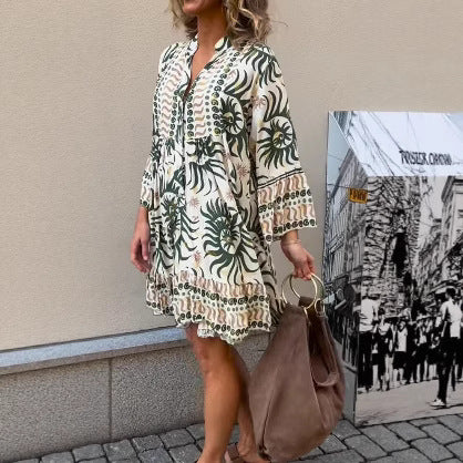 Damen nan locker geschnittenes Boho-Tunikakleid mit V-Ausschnitt geraffter Empire-Naht und Volant-Saum Drune