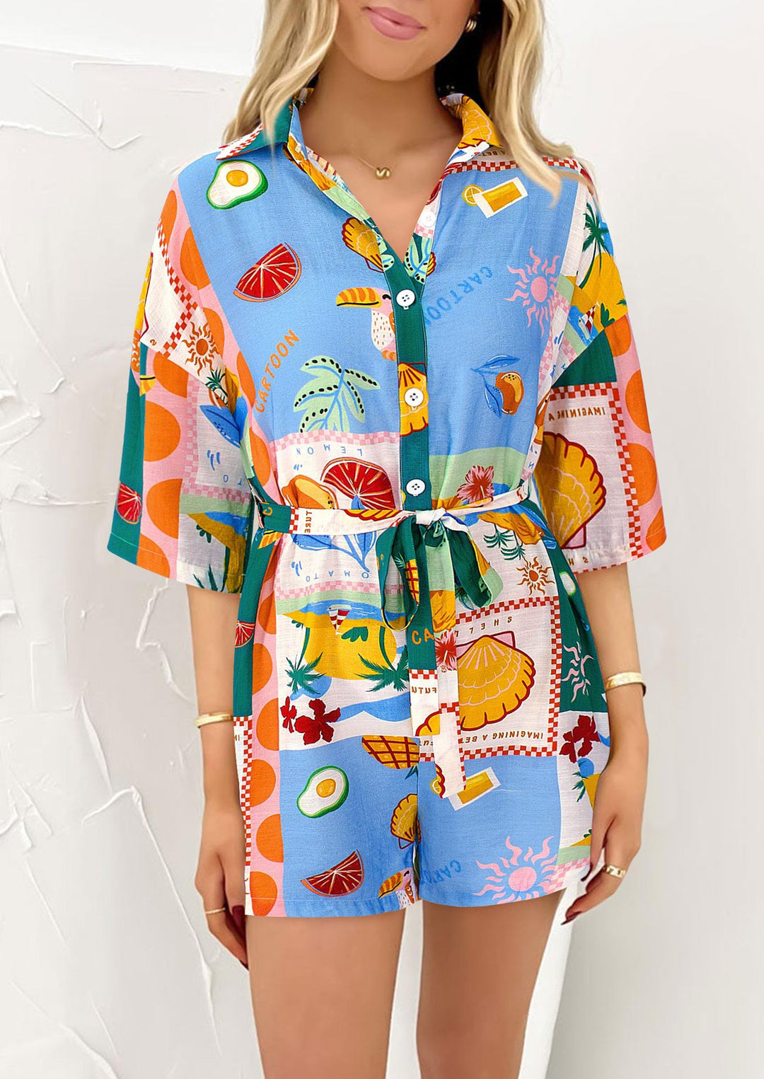 Damen Leichte Kurzarm-Bluse mit Bindegürtel Drune
