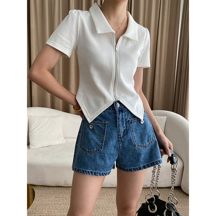 Damen elegantes Kurzarm-Oberteil mit Reißverschluss und strukturiertem Design Drune