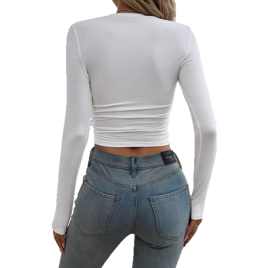 Damen Figurbetontes langärmeliges Crop-Shirt mit seitlicher Raffung Drune