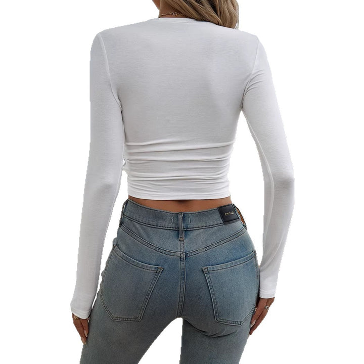 Damen Figurbetontes langärmeliges Crop-Shirt mit seitlicher Raffung Drune