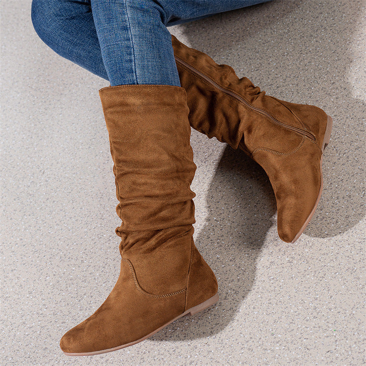 Damen Slouch-Stiefel mit flachem Absatz, seitlichem Reißverschluss und weichem Velours Drune