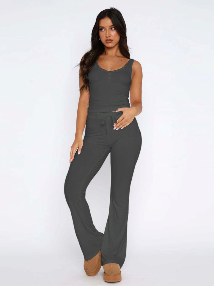 Damen lässiges Freizeit-Set mit kurzer Bluse und weiten Hosen Drune