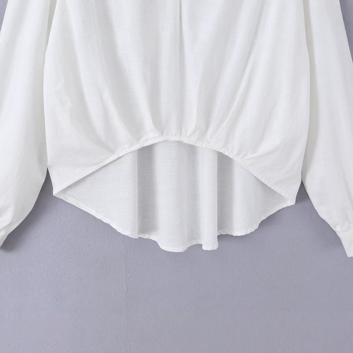 Damen nan lockere Baumwollbluse mit V-Ausschnitt, Hemdkragen und gerafftem Zipfelsaum Drune