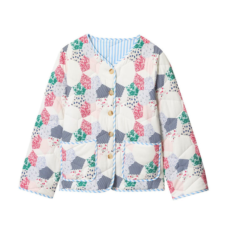 Damen Gesteppte Kurzjacke im Patchwork-Quilt-Look mit Knopfleiste und aufgesetzten Taschen Drune
